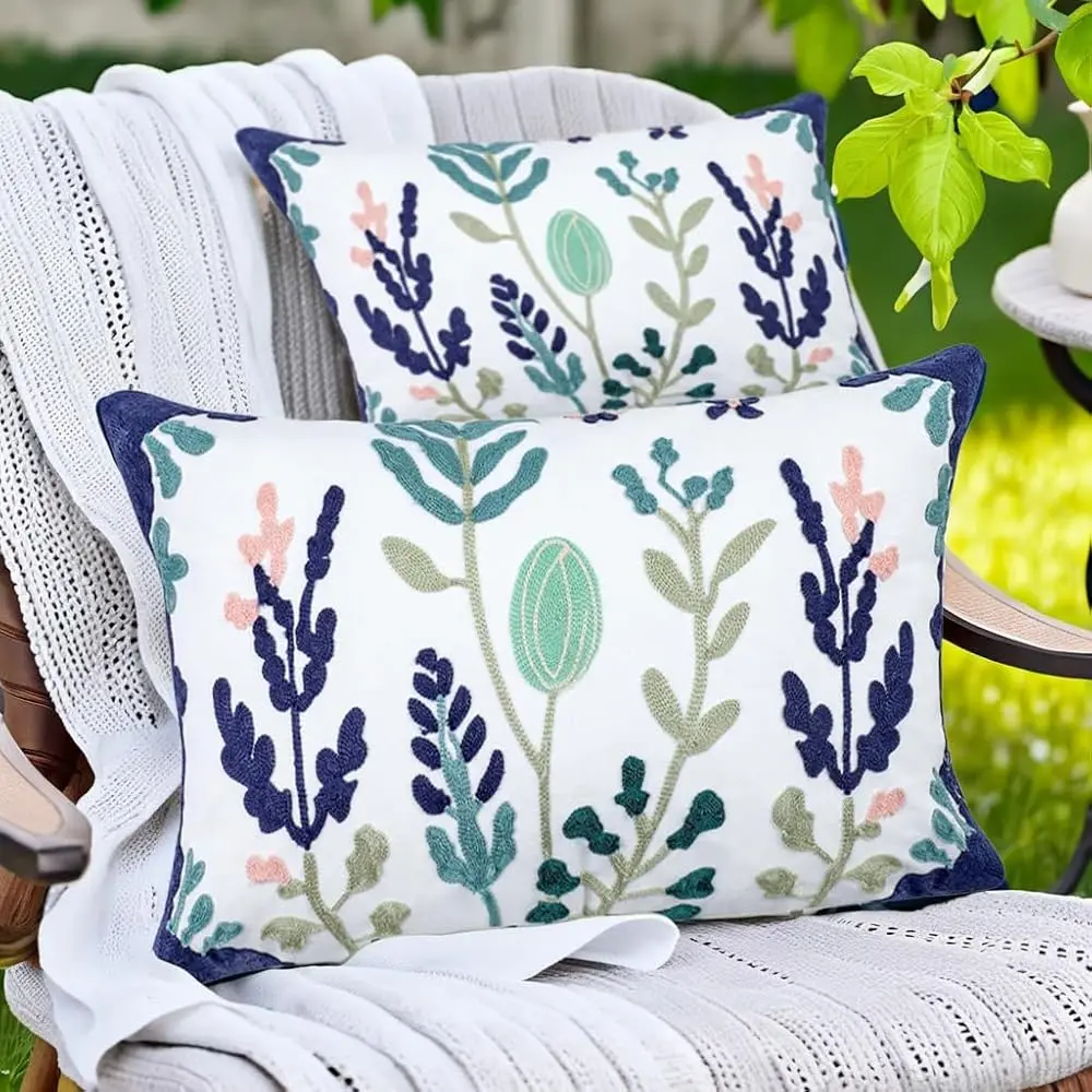 

Summer Embroidered Outdoor Throw Pillow Covers – Set Of 2, 12X20 H, Cotton, Botanical Floral Cushion Cases, Blue & Green