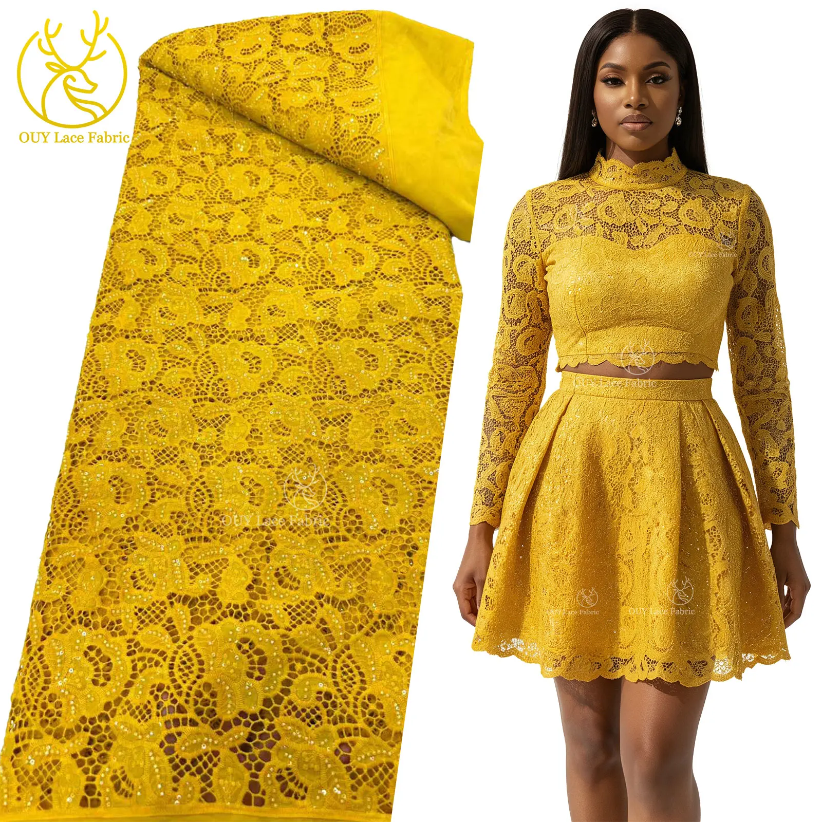 

Yellow Nigerian Milk Silk Sequined Lace Fabric 2025 High-Quality African Water-Soluble Lace Fabric Ideal for Evening Gowns