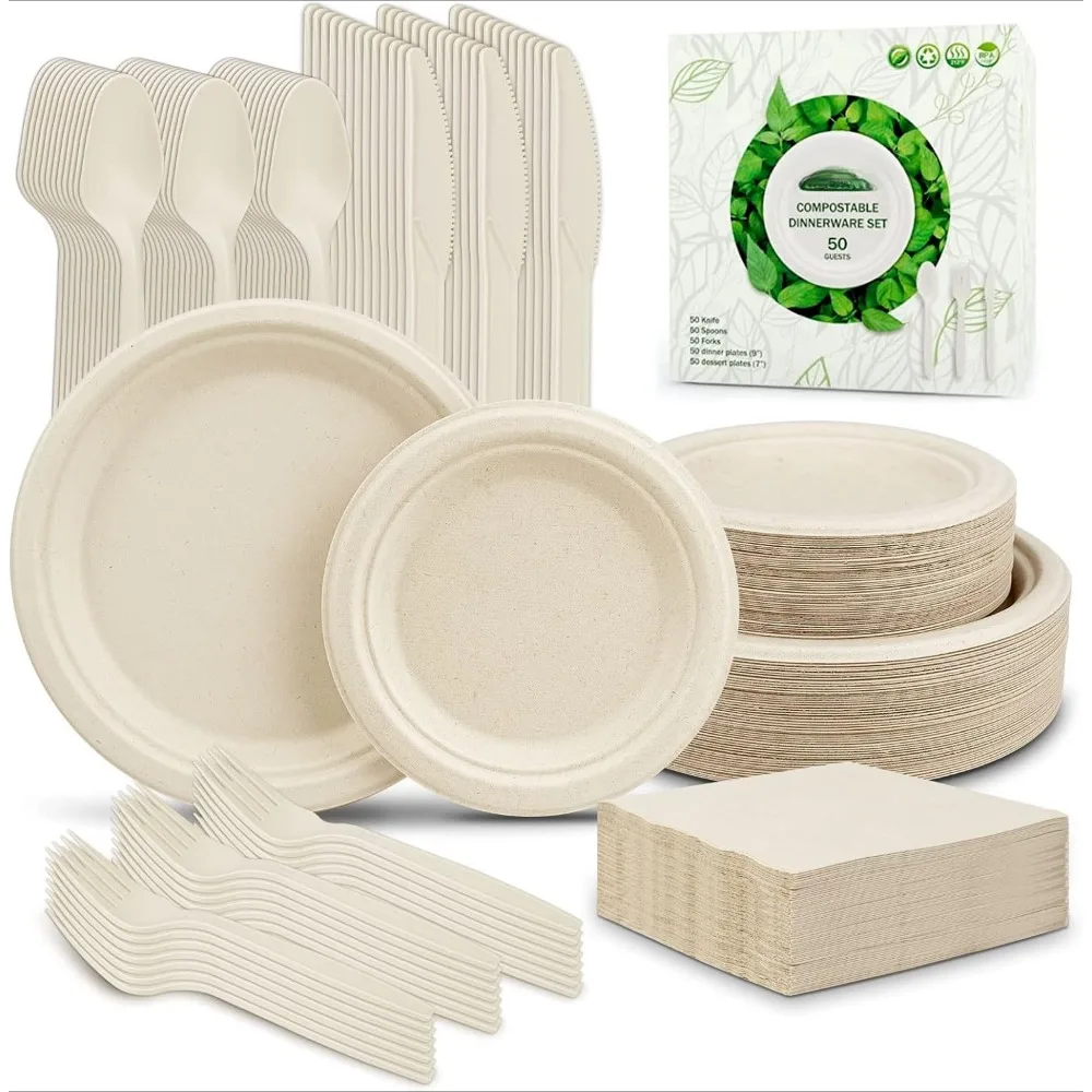 

300Pcs Compostable Paper Plates Set, Eco-friendly Heavy Duty Plates & Biodegradable Utensil Include Forks,Knives,Spoons, Napkins