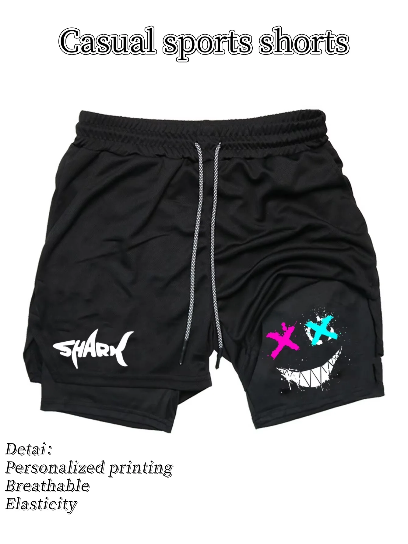 Лето 2029, мужские двухслойные тренировочные шорты для бега, шарнирная акула, графический принт, регулируемый шнурок на талии, спортивный тренажерный зал HX0041