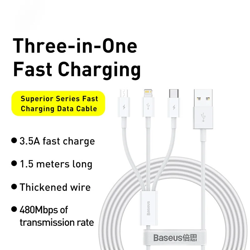 Baseus 3 in 1 USB Cable for iPhone 12 Pro Max Fast Charging Cable for Android Phone Huaiwei Xiaomi Type C Cable USB Cable Wire image 5