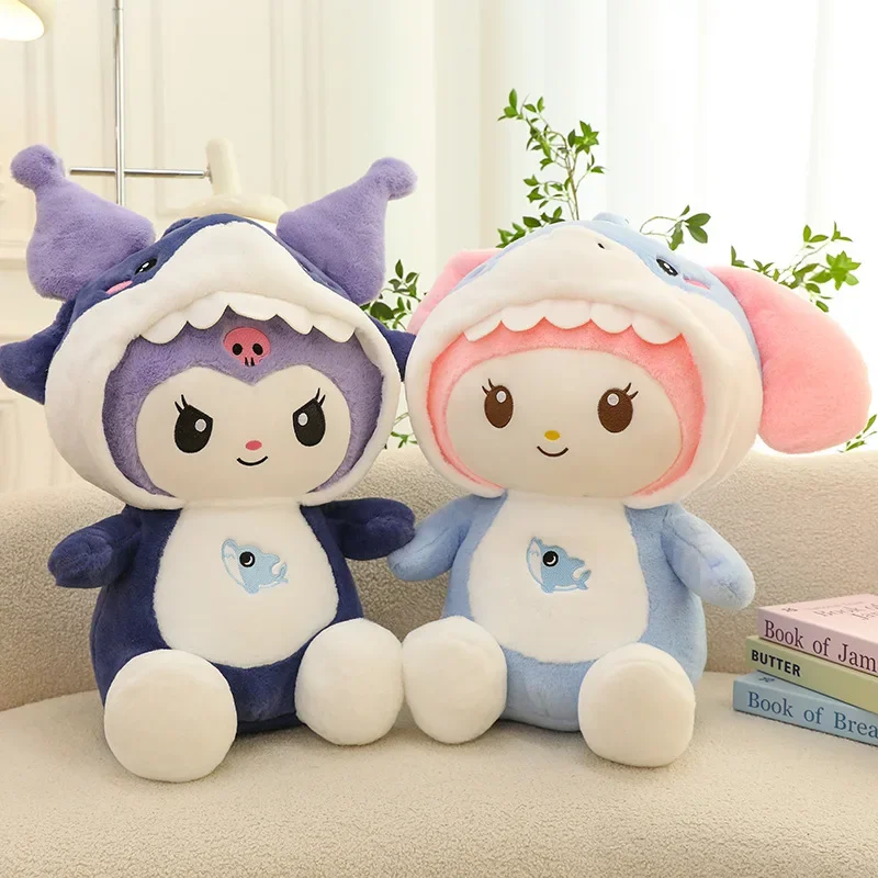 Juguetes de peluche Kawaii Sanrio Kuromi My Melody, muñeco de tiburón transformable, almohada de peluche suave, regalo de cumpleaños para niñas, tamaño grande, 55cm