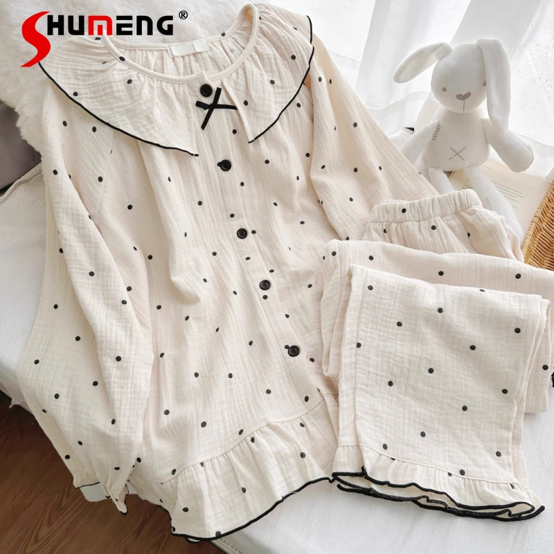 

Polka Dot Doll Collar Pure Cotton Pajamas Women's Gauze Autumn New Sweet Homewear Set Female Japanese Style Sleep Suits