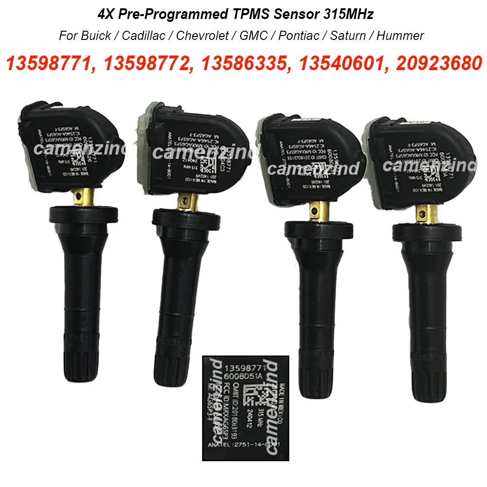 4 Sensores TPMS 13598771 13598772 13586335 13540601 20923680 25920615 315MHz para Chevrolet Aveo Corvette Impala Optra Tahoe