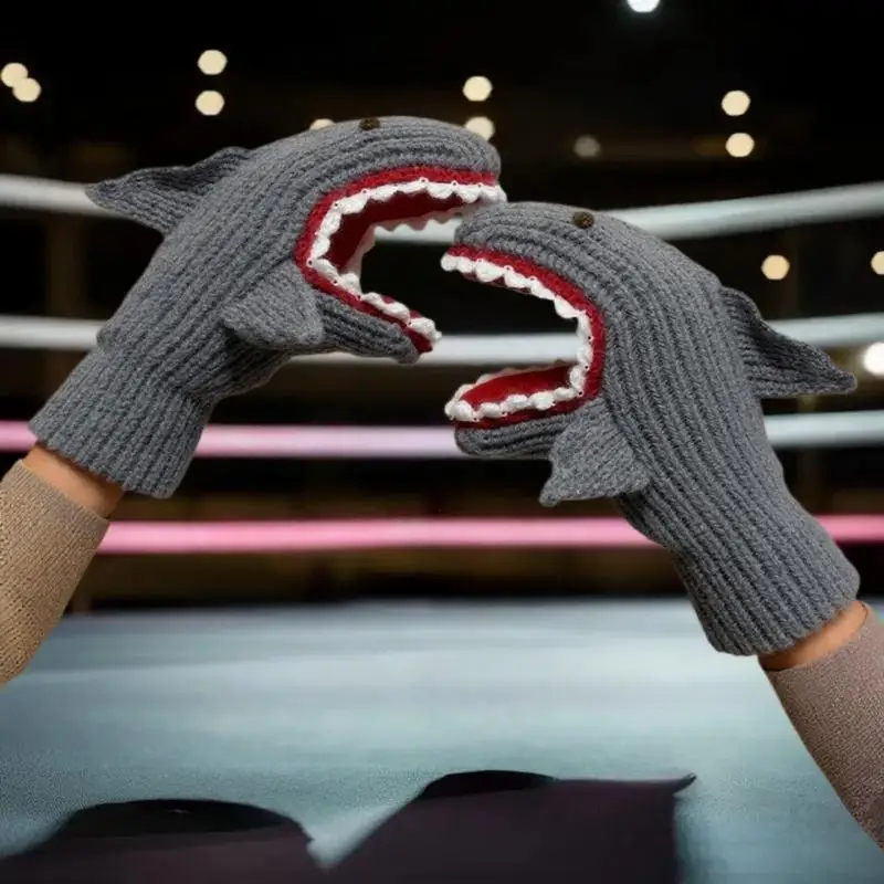 قفازات ساحرة مسلية على شكل سمكة قرش مخيطة، قفازات شتوية دافئة كرتونية، مثالية لعيد الميلاد، الوقاية من البرد