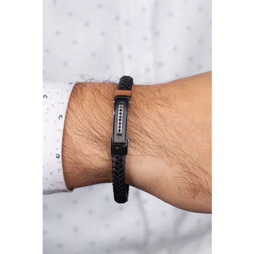 Esti̇va 316L Surgical Black Leather Bracelet