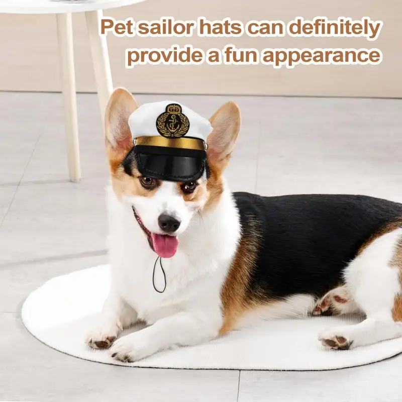 Sombrero de marinero para perro, cuerda ajustable, sombrero de capitán blanco, tocado, accesorios para fotos, disfraz de Halloween azul marino para cachorro y gato