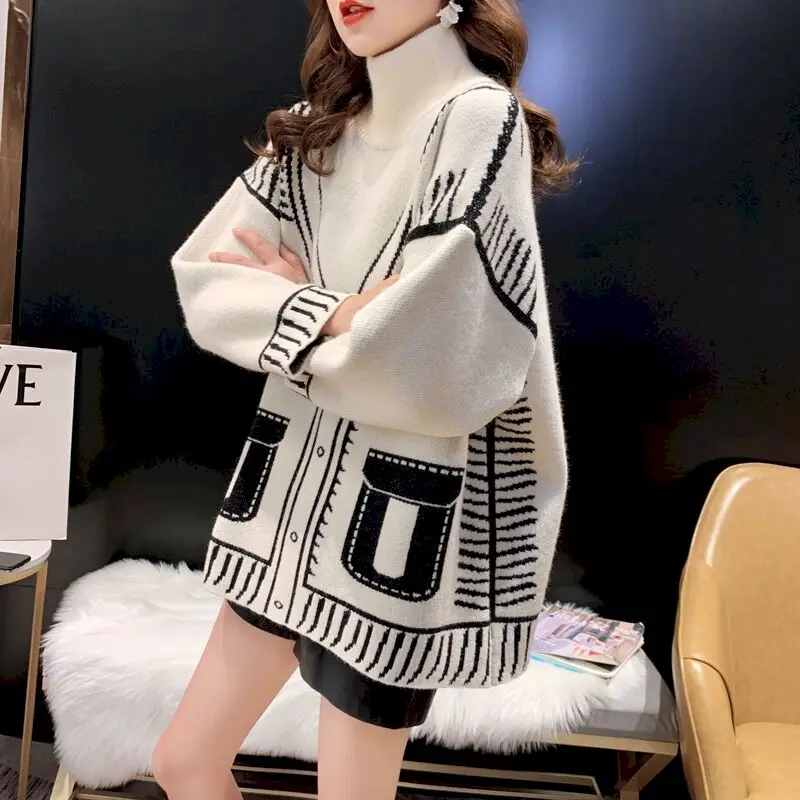 Fashion Sweaters Women 2024 Autumn Winter Trend Knitted Pullover Fashion Loose Literary Retro All-match Semi-high Collar Sweater