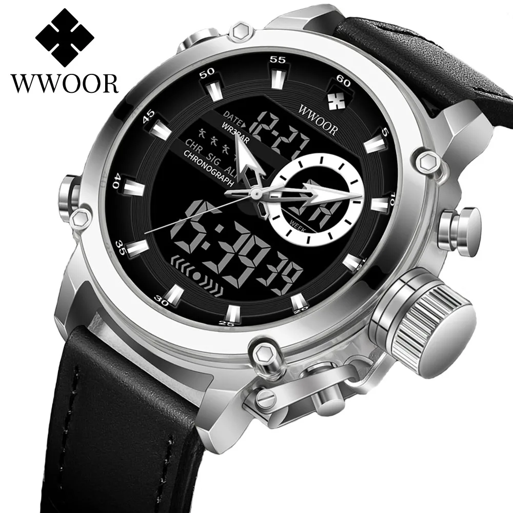 WWOOR Men's Watches Luxury Dual Display Original Watch for Men LED Luminous Waterproof Sport Chronograph Analog Quartz Man Watch