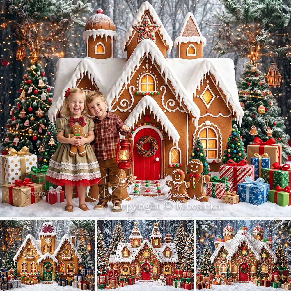 Mocsicka Hintergrund für Fotografie Weihnachten Lebkuchenhaus Kinder Keks Weihnachtsbaum Geschenk Verschneiter Wald Hintergrund Studio Foto