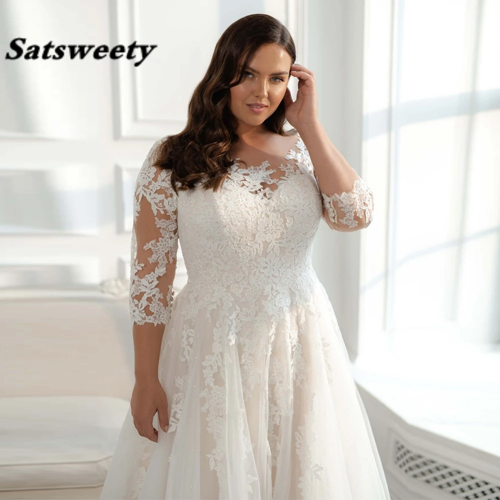 Eleagnt Wedding Dress Plus Size 3/4 Sleeves Glitter Tulle Lace Applique Vestido De Noiva Bride Dresses Big Size Women Modest New