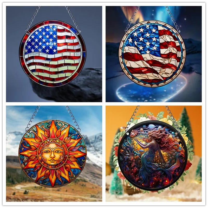 American Flag Style Suncatcher Window Hanging Pendant Acrylic Round Ornament For Garden Home Room Wall Decor Festival Gifts