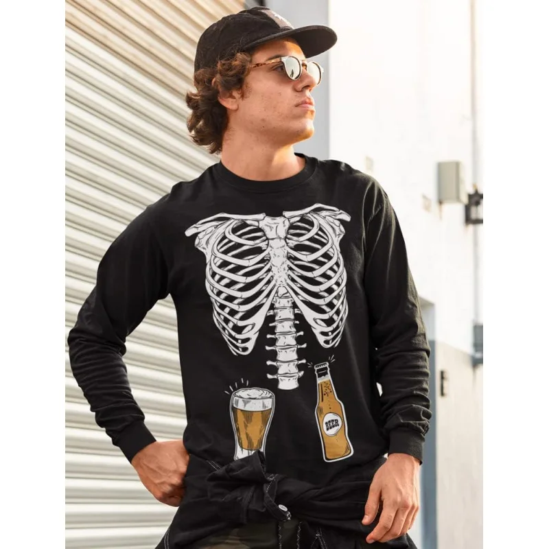 Men\'s Skull Beer Belly Shirt Funny Halloween Men\'s Long Sleeve Hoodie