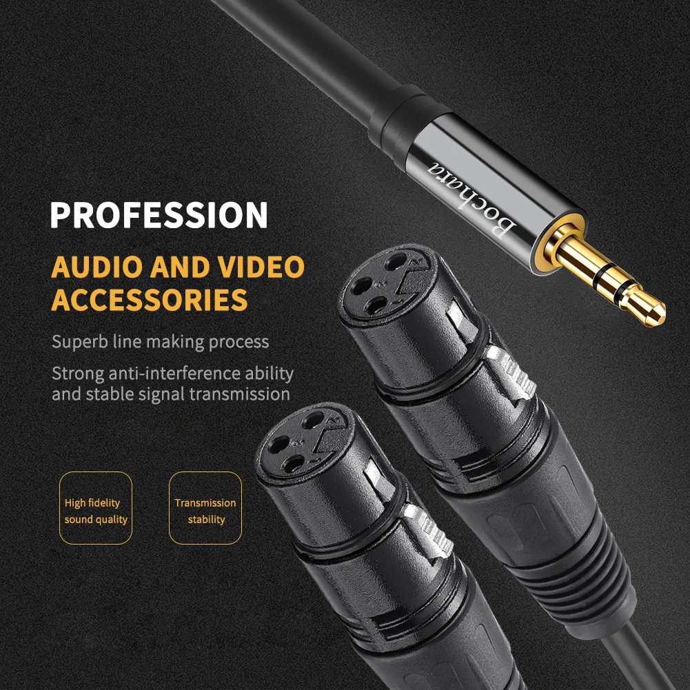 Bochara 1/8\'\' 3.5mm Stereo Jack to Dual XLR Female OFC Audio Cable Foil+Braided Shielded For Speakers 1.5m 3m 5m