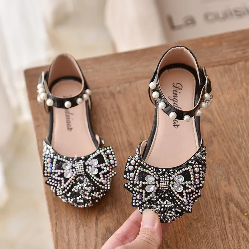 2024 Fashion Children Sandals Bow Rhinestone Girls Princess Leather Shoes Kids Summer Elegant Party Dance Sandals