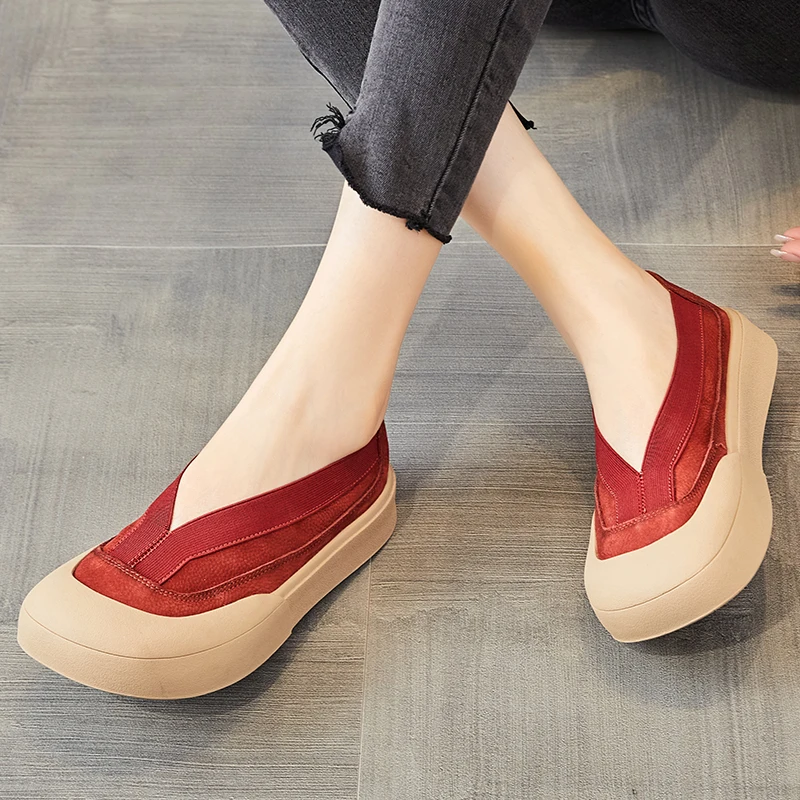 

Loafers Women Leather Red Shoes Low Heels Square Toe Casual handmade Genuine Leather Women Flats Slip On Lazy Shoes2023