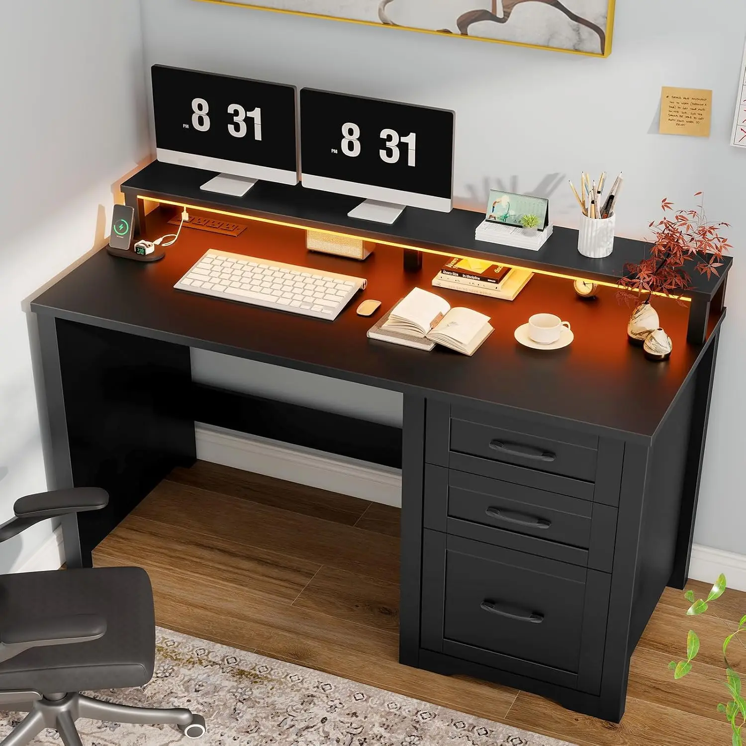 47 Inch Farmhouse Executive Desk with 3 Drawers and LED Lights, Pure Black Computer Desk with Monitor Stand, Power Outlets