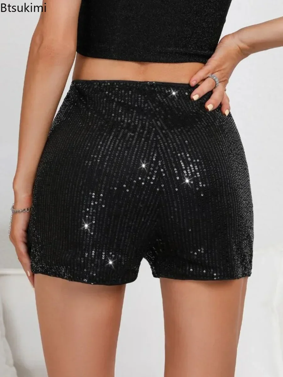 New 2024 Women's Summer Bling Metallic Shorts Female Sequin High Waist Black Skinny Party Nightclub Dance Bottoms Hot Girls Wear