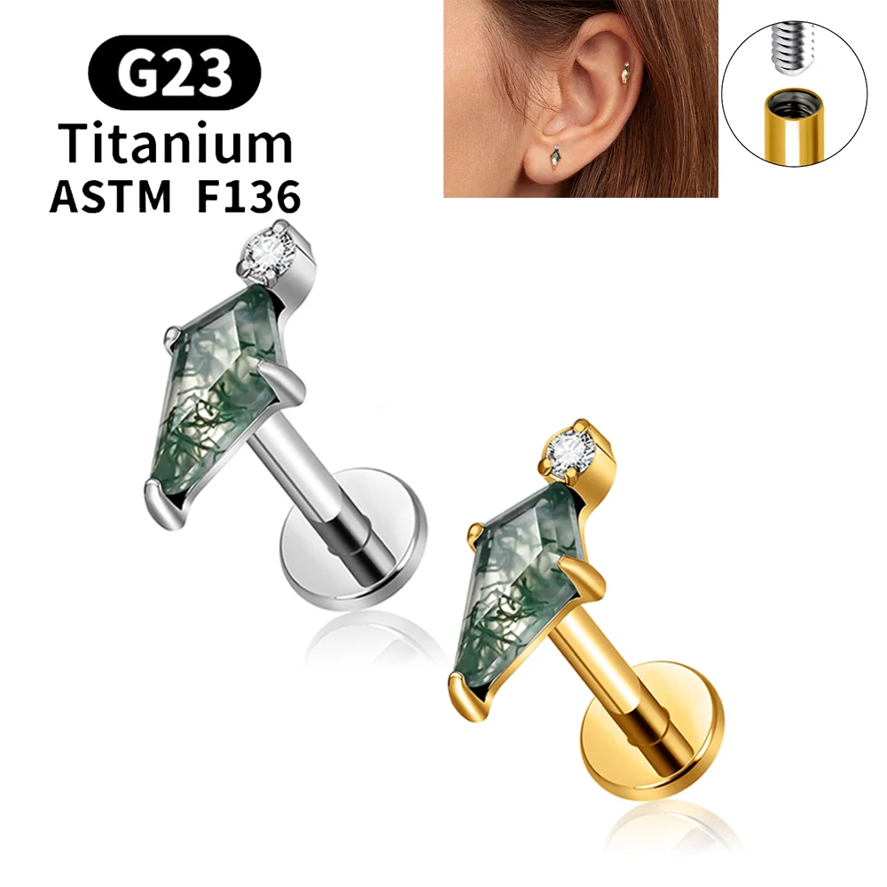 Brinco de Titânio ASTM F136 16G com Ágata Musgo Kite e Zircônia Cúbica, Base Plana, para Piercing de Cartilagem, Hélice, Tragus, Lóbulo, Concha e Outros Locais da Orelha, Joia Corporal