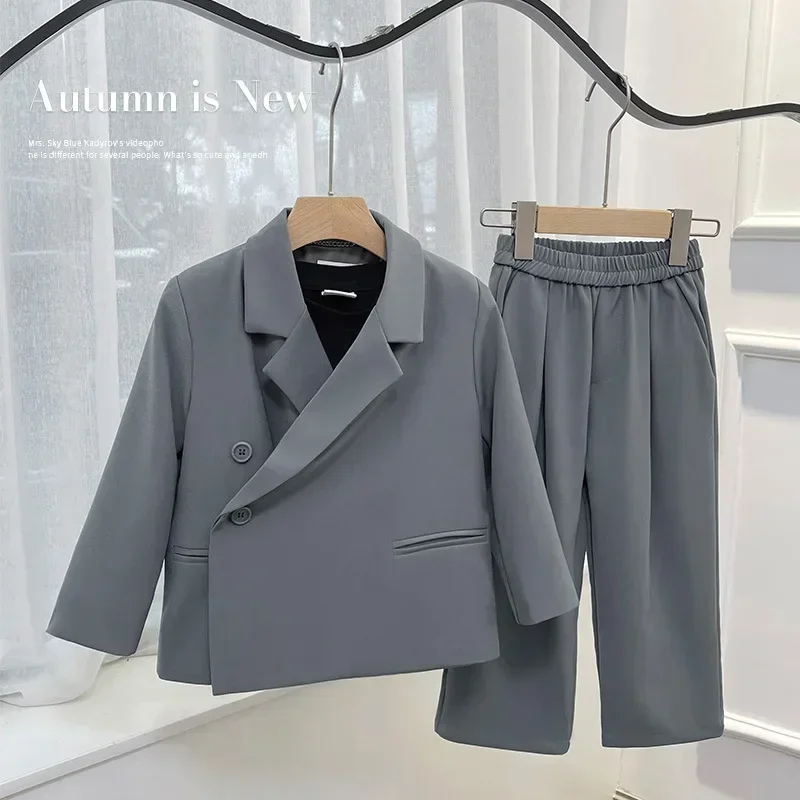 Suit for Boys Grey Casual Flower Child Wedding Costume Handsome Teens School Uniform Blazers Clothes Set Kids Jazz Dance Outfits