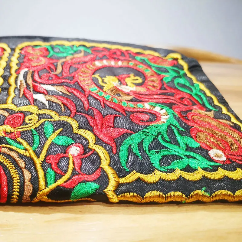 Ethnic Embroidered Wallet with Red Tassel Zipper Boho Folk Art Clutch Auspicious Patttern Black Vintage Zipper Purse Accessories