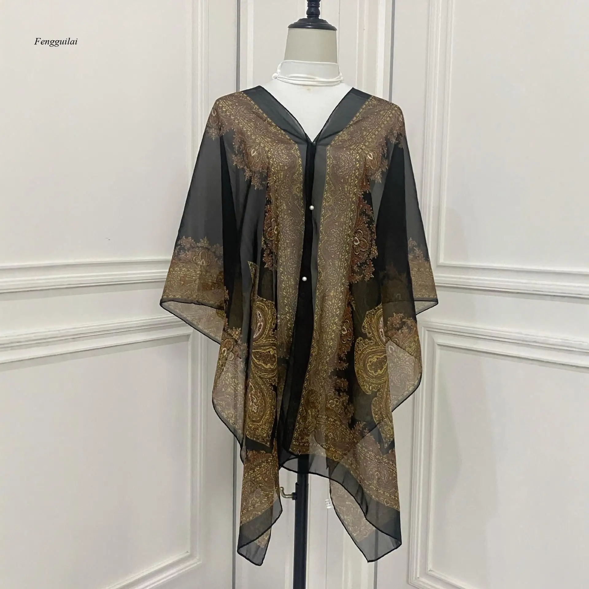 

Luxury Print Chiffon Kimono, Lightweight Sheer Open Front Cardigan with Button, Vintage Style Loose Fit Shawl for Evening
