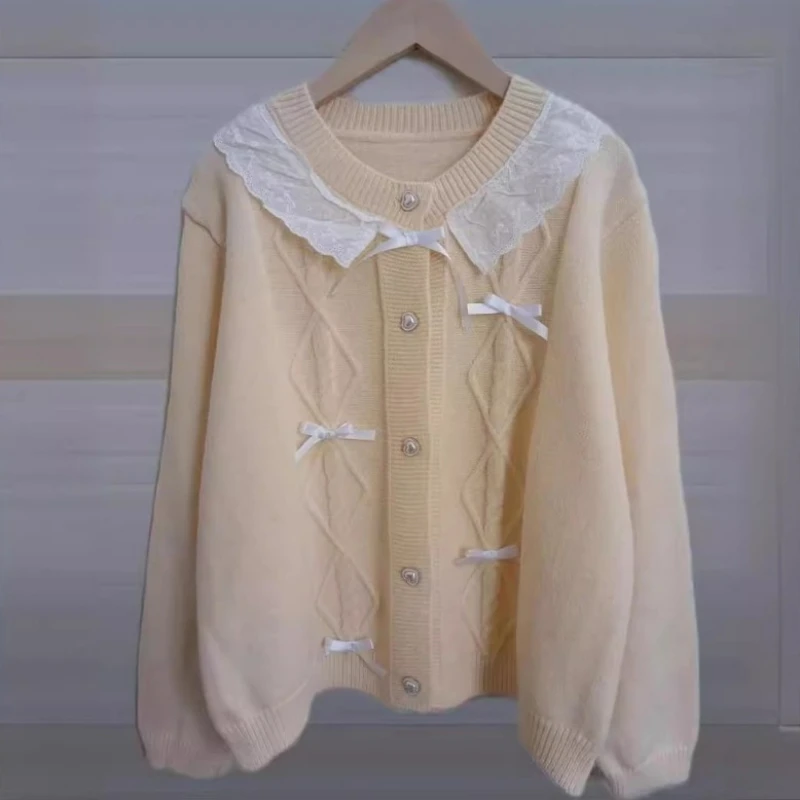 

Korean Chic Lace Patchwork Cardigan Women Clothing Knitting Single Breasted Loose Sueter Mujer Fashion Autumn Sweet Bow Sweater