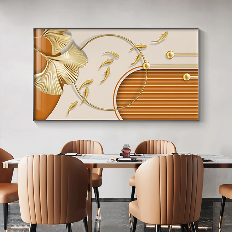 

Abstract Geometric Poster Gold Leaves Fish Painting On The Wall Home Bedroom Decoration Pictures Scandinavian Canvas Painting