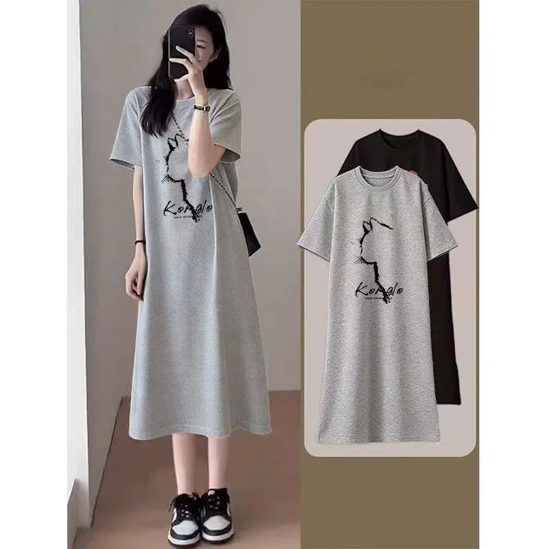 Summer Pure Cotton Sleepwear Women's Short Sleeve Thin Large Size Fat MM Mid-Length Over-Knee Pregnant Sleep Dress Can Be Wor...