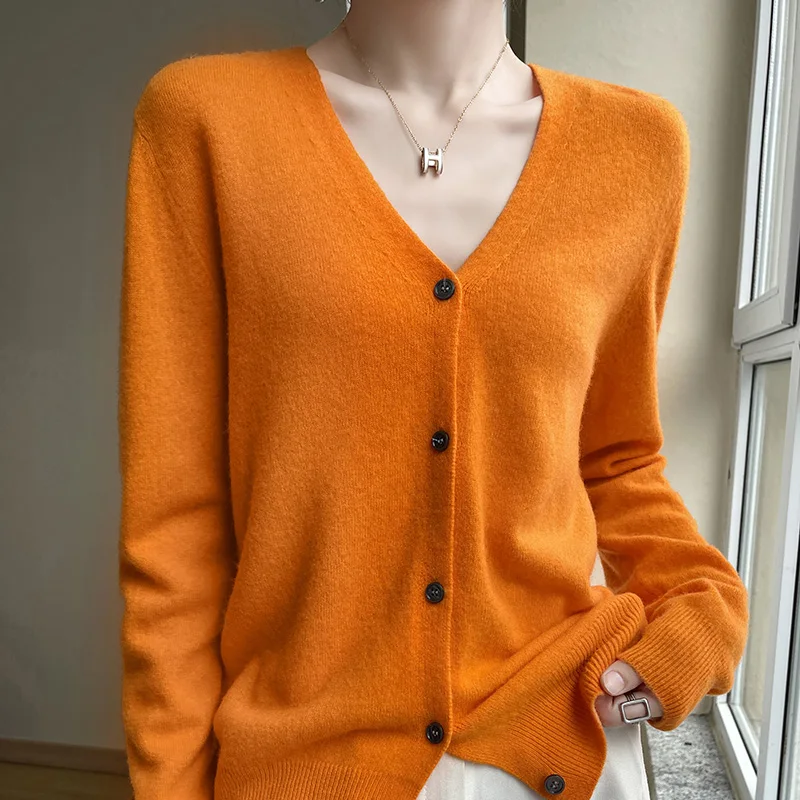 Autumn Winter Women 100% Fine Wool Sweater New V-neck Solid Color Knitted Cardigan Casual Jacket Bottoming Slim Soft Tops