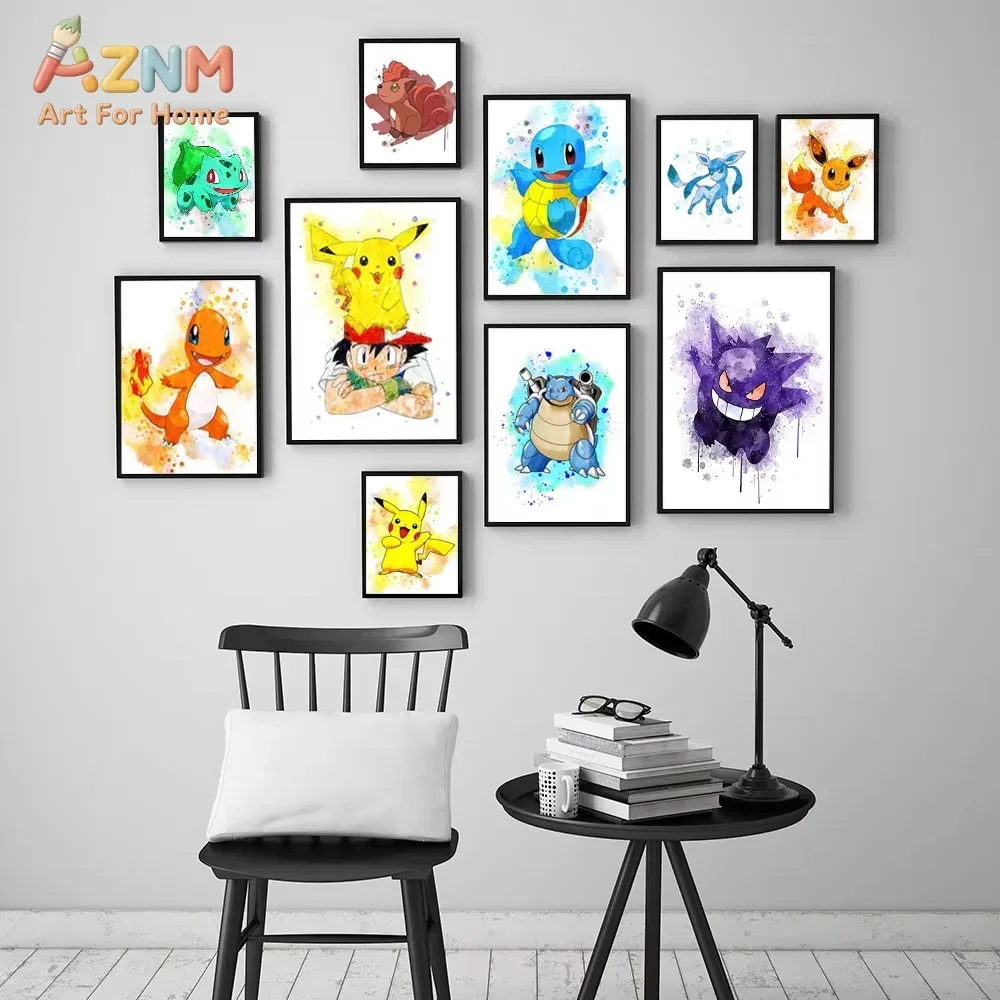 AZNM Anime Pokemon Peripherals Gengar Posters Pikachu Kawaii Picture Art Water Colours Canvas Painting for Bedroom Wall Decorate