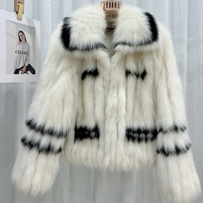 

2023 New Real fur,Female Chic Striped Color Genuine Fox Fur Knitwear Coat Women's Winter Fur Clothing Fashion Big Turn Down Coll