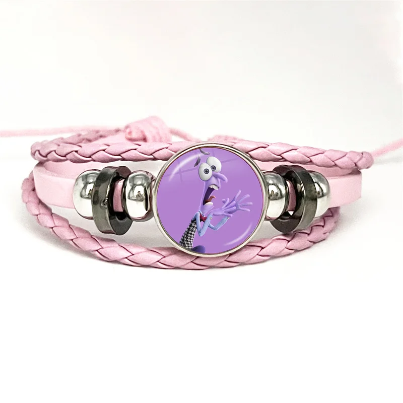 Lnside Out Joy Sadness Anger Fear Pink Leather Bracelet Glass Cabochon Button Multilayer Bangles Wristband Gift