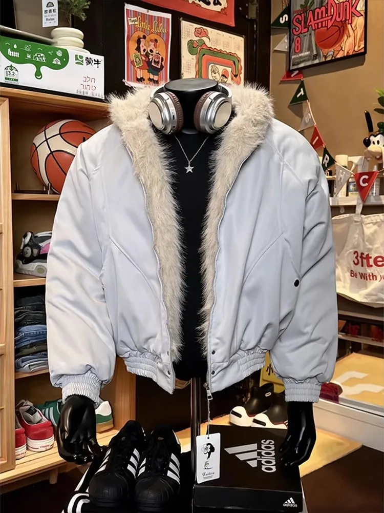 Thickened Cotton Jacket Men's Winter Coat Hooded Zipper Closure Warm Casual Fashion American Style Retro Fur Collar Jacket