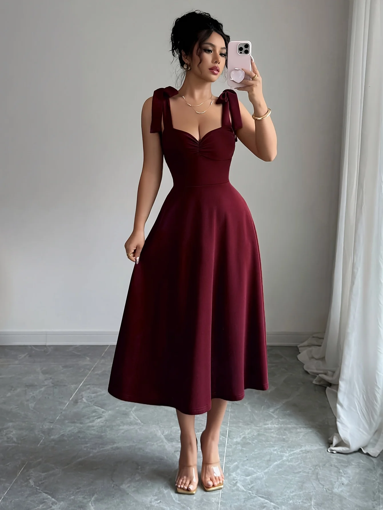 suitable for dates and parties Women's elegant shoulder strap tie design, cinched waist, large A-line long dress