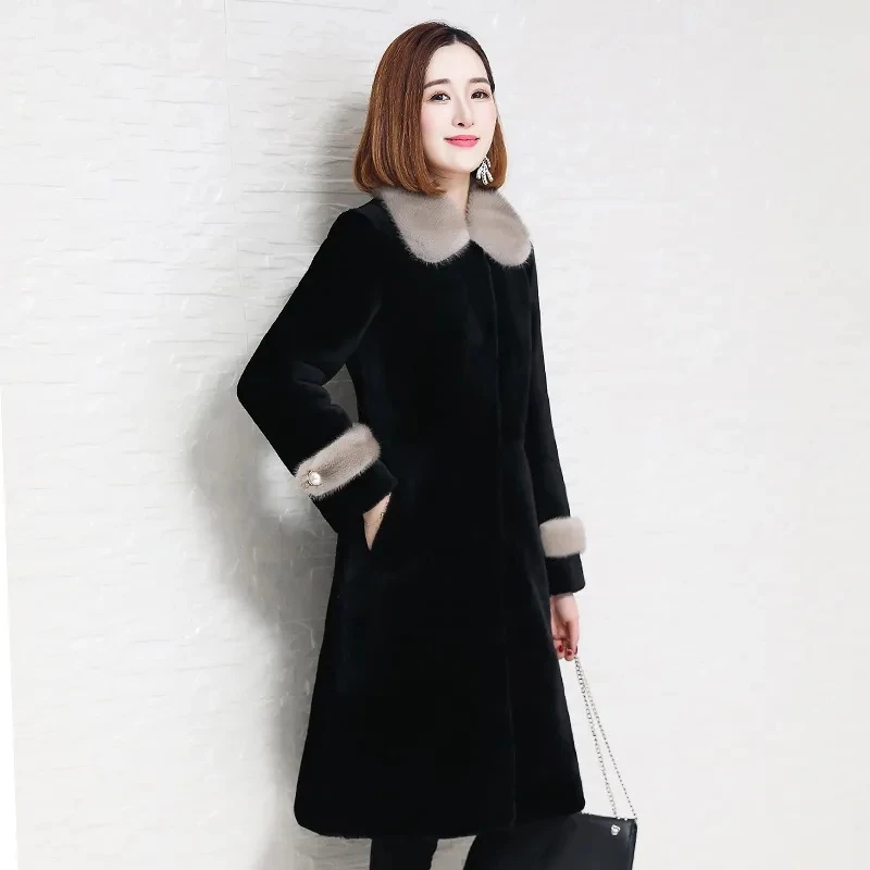 2024 Autumn Winter New High-grade Faux Fur Outerwear Mother Mink Collar Cotton Padded Warm Slim Mid Length Shearling Coat Female