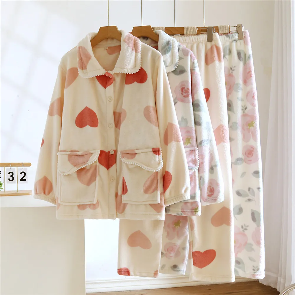 

Осень-зима, утепленная теплая женская рубашка с лацканами, брюки, домашняя одежда, костюм, одежда для сна, женская фланелевая домашняя одежда, комплект ночного белья