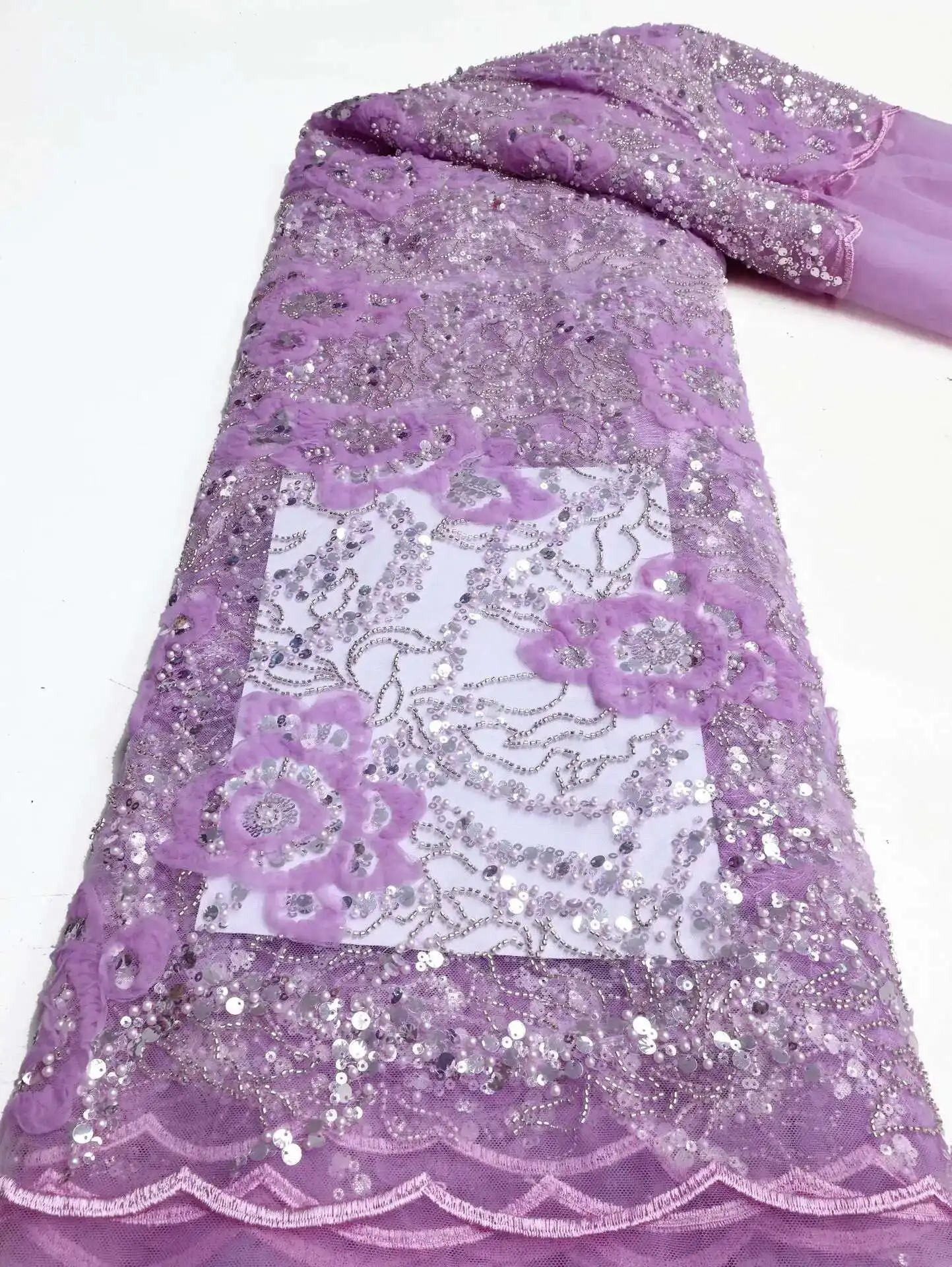Tessuto africano con paillettes Ricamo da sposo di alta qualità con perline Materiale di pizzo tulle francese nigeriano per abiti da sposa Caldo