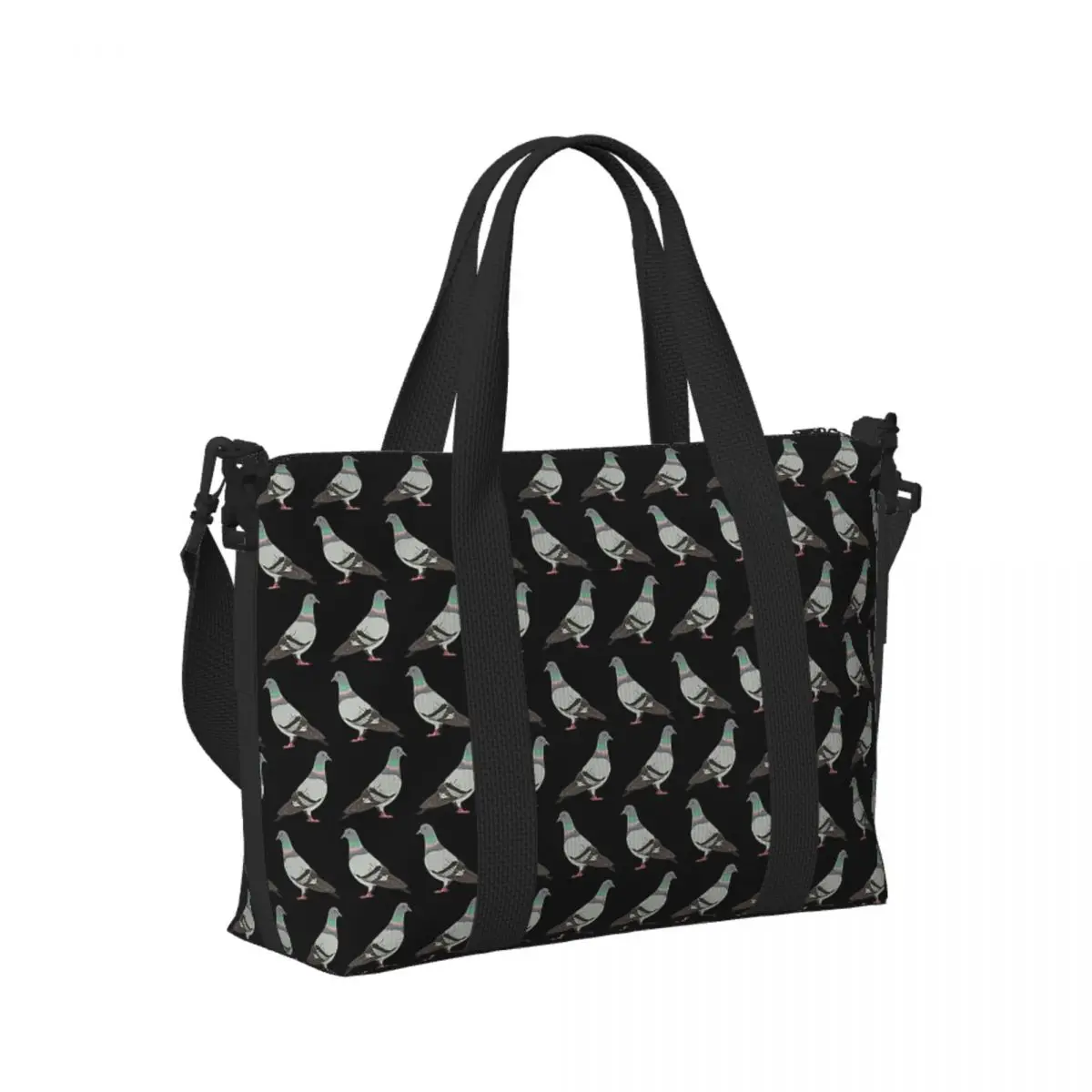 Bolso de viaje personalizado para playa con fondo negro para caminar en palomas, bolsos de mano de gran capacidad para gimnasio, deporte, bolso de compras para mujer, bolso de hombro