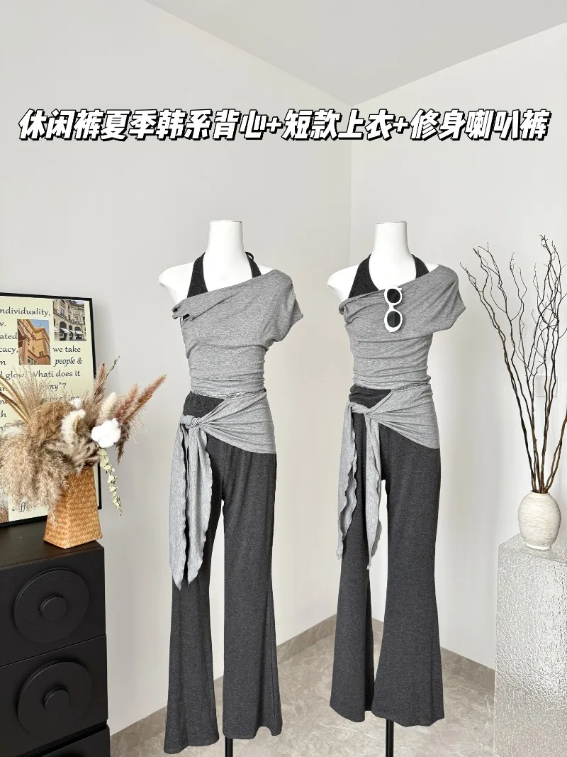 

Korean Casual Suit Women's Summer Halter Neck Camisole Off Shoulder Short T-shirt Slim-fit Flare Pants Fashion Three-piece Set