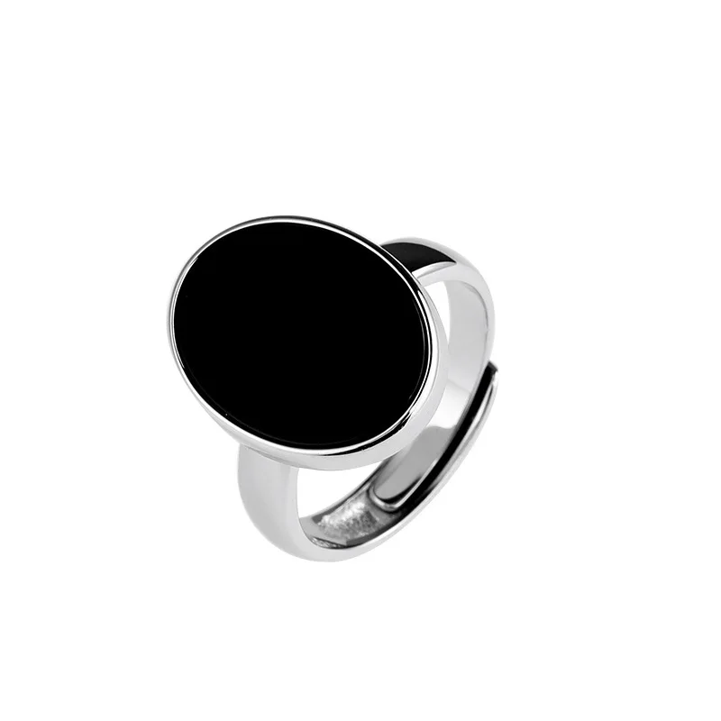 

S925 Sterling Silver Black Agate Oval Ring female European and American classic flat design