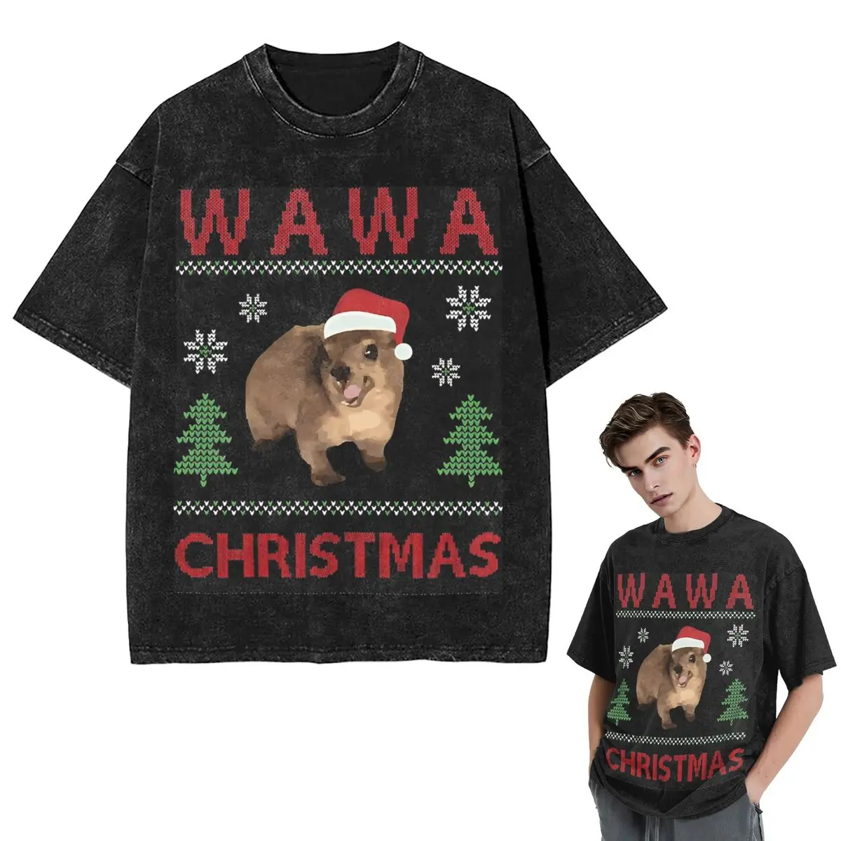

Streetwear T-Shirts Christmas Wawa Mug Animal Hyrax Washed T Shirt Short Sleeve Hip Hop T-Shirt Tops Tees for Men Women
