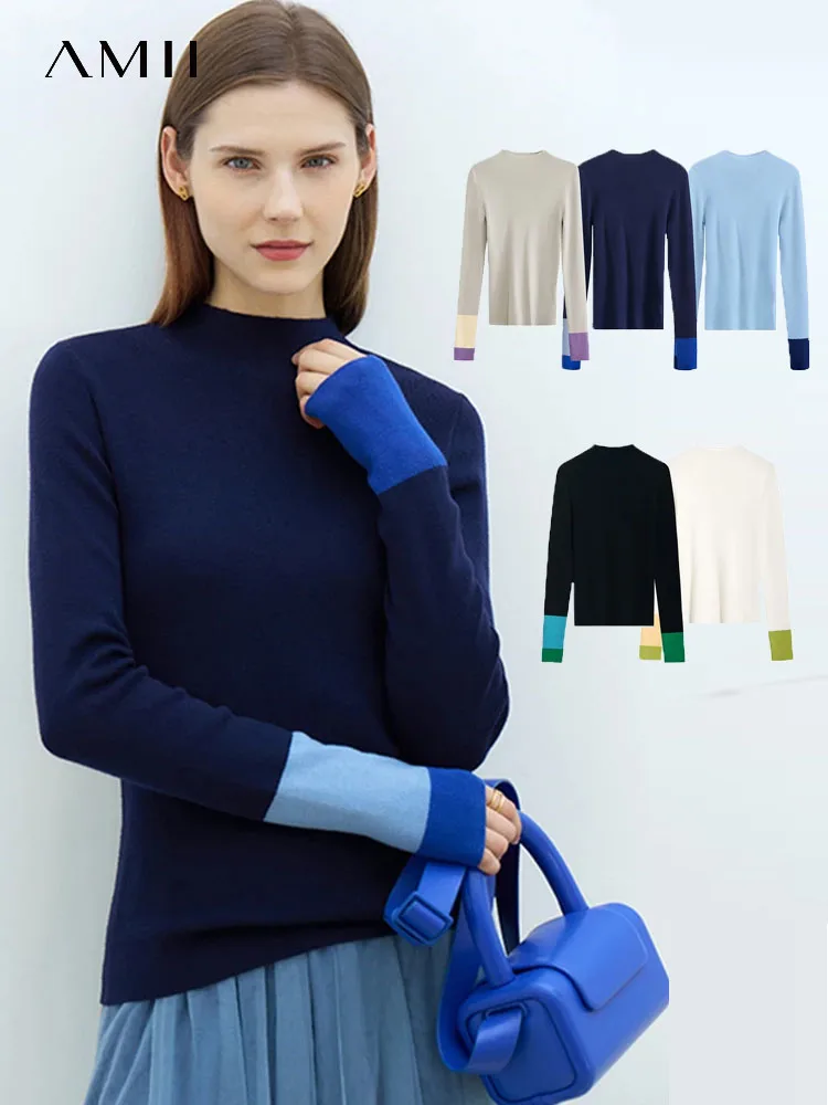 AMII Minimalist 2023 Winter New Sweaters for Women Office Lady Basics Half High Collar Color Contrast Slim Pullovers 12324067