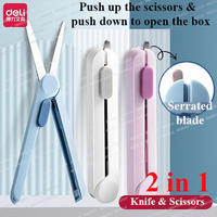 deli 2 in 1 Scissors Box Cutter Multifunctional Telescopic Push Style Children's Safety Knife Creative Small Pretty Pocket Tools