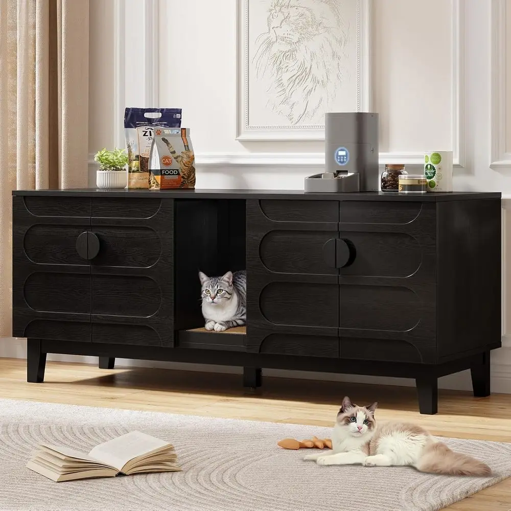 59 Dual-Cat Litter Box Enclosure with Scratch Pad, Large Wooden Pet House, Black