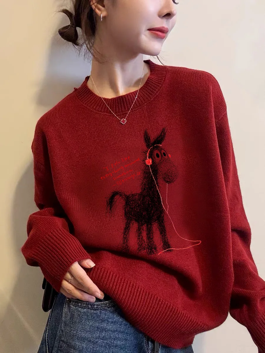 

Ladies' Thiened Fce Loose Knitted Sweater 2026 Year New Year Festive Lazy Sle Red Color Korean Sle Commute Fas...