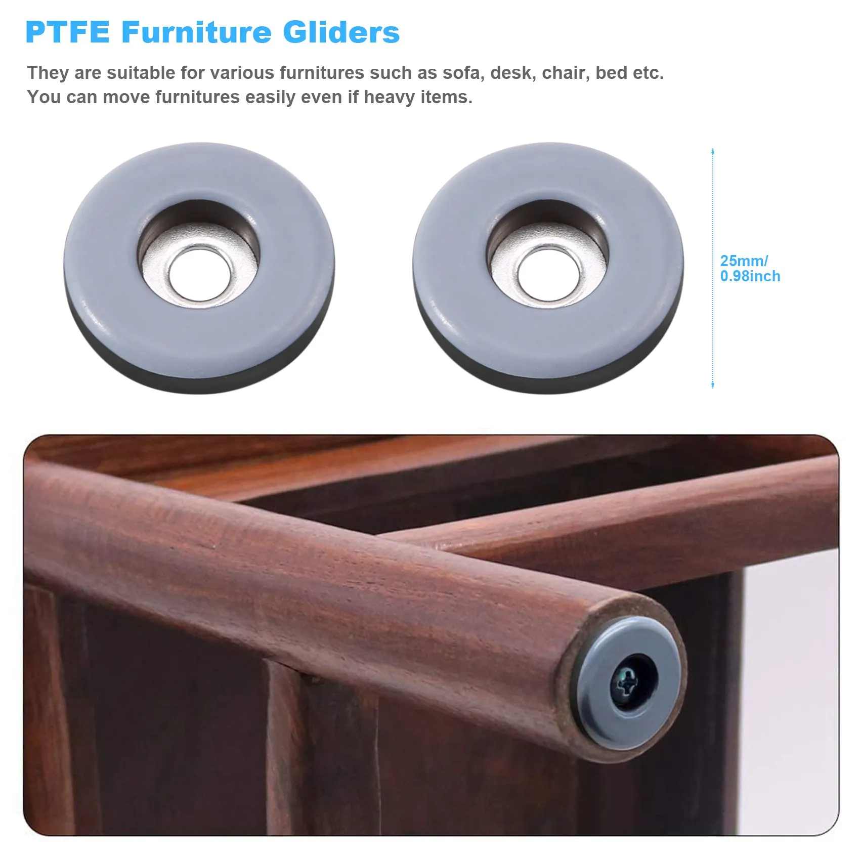 Slider furnitur PTFE bergerak mudah, pelindung lantai dengan sekrup untuk lantai kayu keras berubin 48 buah (bulat 25Mm)