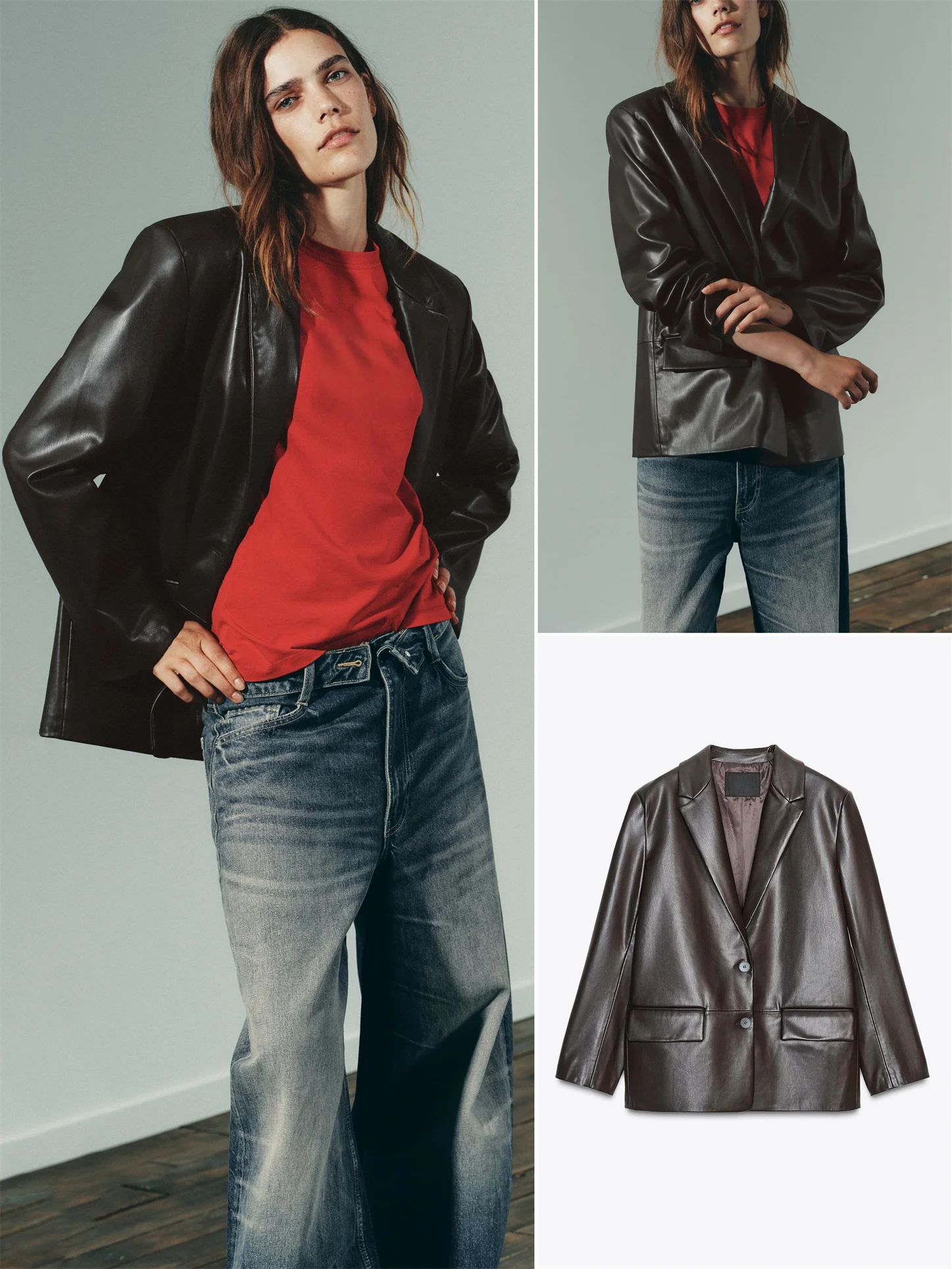 

Модный кожаный костюм с эффектом прямого кроя, женский элитный осенний костюм, Новое поступление, застежка-молния, длинный све