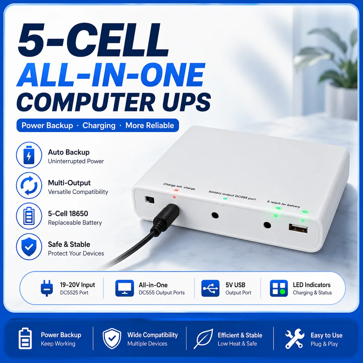 150W Max 19V AIO UPS Backup Power Box 5×18650 Battery Housing for All‑in‑One Computer Anti‑Shutdown During Power Outage
