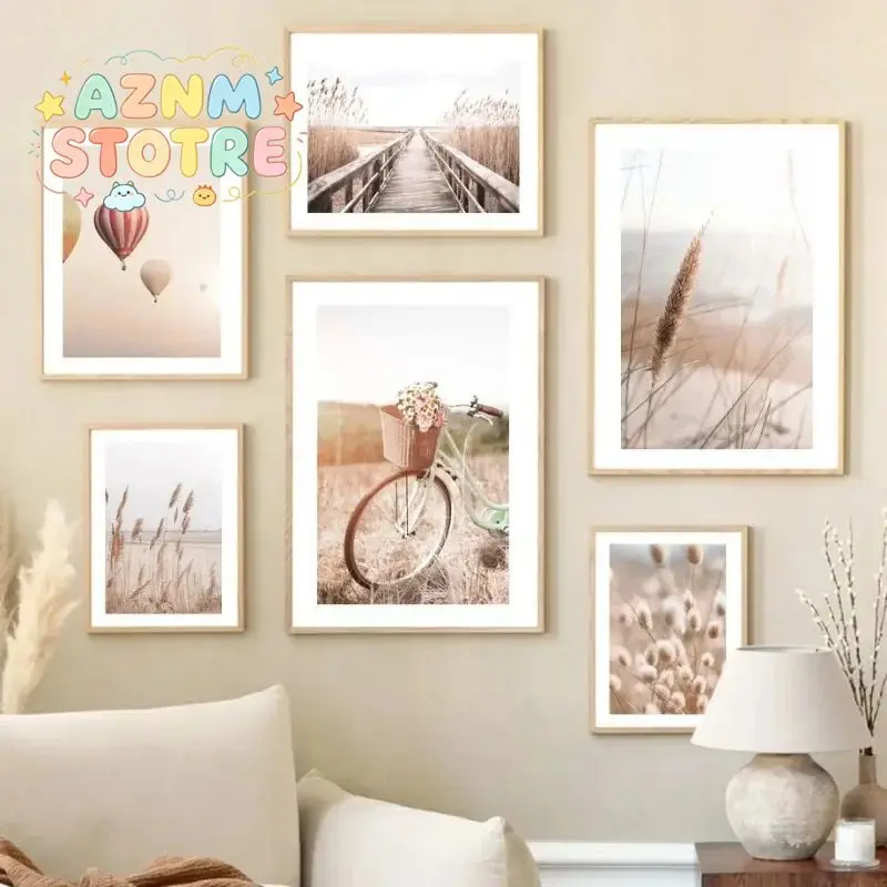 Beige Reed Orchid Bike Landscape Wall Art Canvas Home Decor Aesthetic